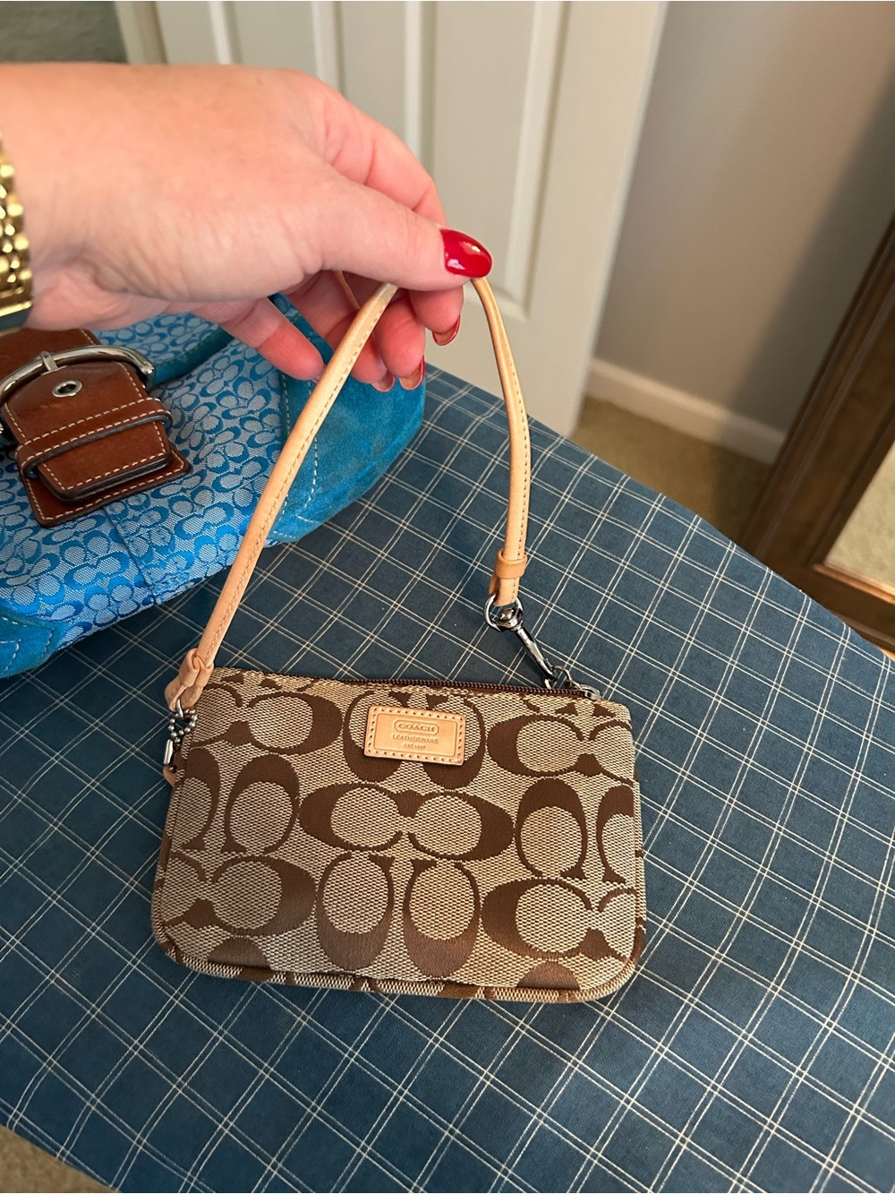 Coach Brown Signature Canvas Wristlet with Tan Strap